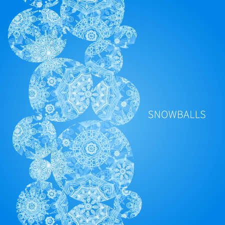 Concept seamless border with snowballs and snowflakes. Light winter background. It can be used for decorating of invitations, greeting cards, decoration for bags.のイラスト素材