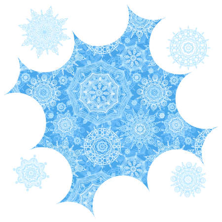 Concept winter frame with snowballs and snowflakes. Place for your text. Light frosty background. It can be used for decorating of invitations, greeting cards, decoration for bags.のイラスト素材