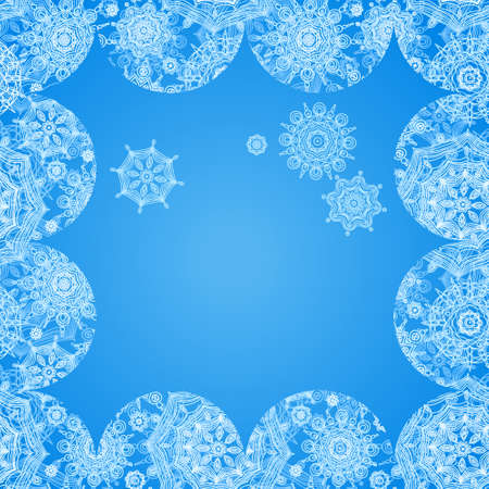 Concept winter frame with snowballs and snowflakes. Place for your text. Light frosty background. It can be used for decorating of invitations, greeting cards, decoration for bags.のイラスト素材