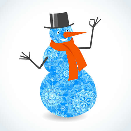 Vector illustration of Christmas Snowman with red scarf and a black hat. Christmas ornament for invitations, greeting cards, brochures, magazines, leaflets.のイラスト素材