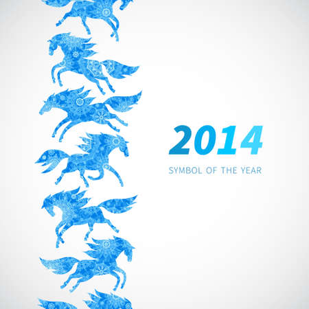 Symbol of 2014. Horses, decorated with snowflakes patterns.Vector element for design. Seamless border of running horses. It can be used for decoration of web page, invitations, cards, bags and clothes.のイラスト素材