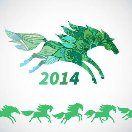 Symbol of 2014. Horse, decorated with blue flower patterns.Vector element for design. Seamless border of running horses.It can be used for decoration of web page, invitations, cards, bags and clothes.のイラスト素材