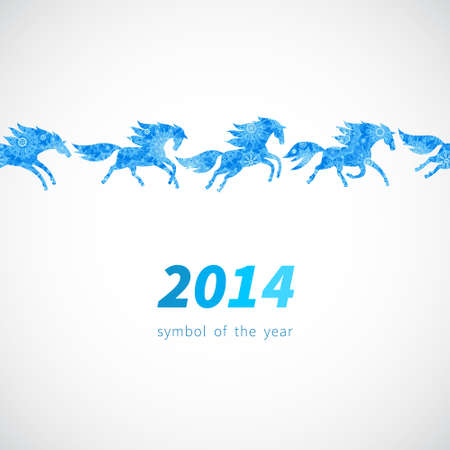 Symbol of 2014. Horses, decorated with snowflakes patterns. Vector element for design. Seamless border of running horses. It can be used for decoration of web page, invitations, cards, bags and clothes.のイラスト素材