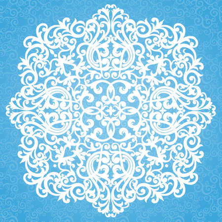 Abstract vector circle background. Lace pattern design. White ornament on blue scroll background. It can be used for decorating of wedding invitations, greeting cards, decoration for bags and clothes.のイラスト素材
