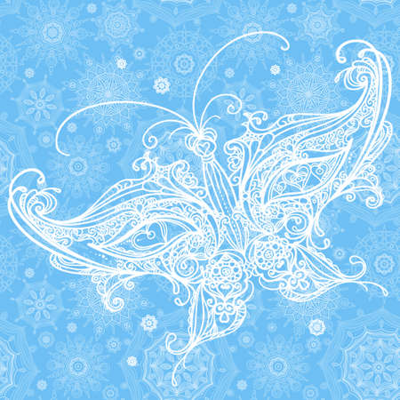 Big lacy butterfly on light winter background. Element for Christmas design. It can be used for decorating of invitations, greeting cards, decoration for bags, clothes and at tattoo creation.のイラスト素材
