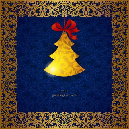 Concept ornate frame with Christmas toy, ribbons and place for text. Element for Christmas design. It can be used for decorating of invitations, greeting cards, labels, decoration for bags and clothes.のイラスト素材