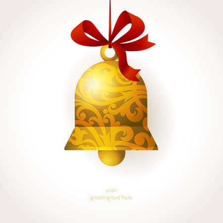 Golden Christmas bell with ribbons and place for text. Element for Christmas design. It can be used for decorating of invitations, greeting cards, labels, decoration for bags and clothes.のイラスト素材