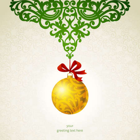 Golden Christmas ball with ribbons, green ornaments and place for text. Element for Christmas design. It can be used for decorating of invitations, cards, labels, decoration for bags and clothes.のイラスト素材