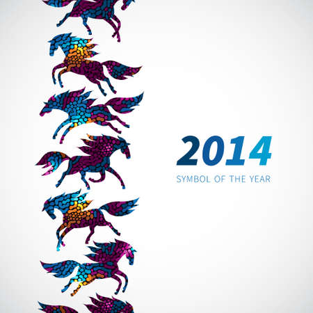 Symbol of 2014.Horses, decorated with abstract patterns. Vector element for design. Seamless border of running horses. It can be used for decoration of web page, invitations, cards, bags and clothes.のイラスト素材