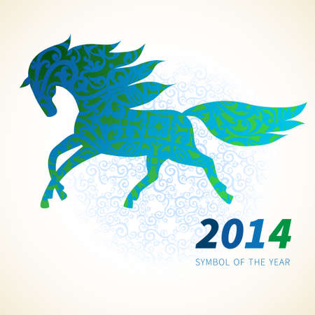 Symbol of 2014. Horse, decorated with blue abstract scroll patterns. Vector element for design. It can be used for decorating of invitations, greeting cards, web page, decoration for bags and clothes.のイラスト素材