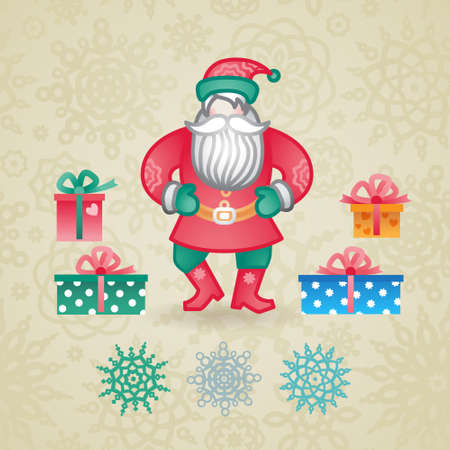 Jolly Santa Claus with a gifts and snowflakes. Christmas vector elements, winter holidays icons collection. Ornament for invitations, greeting cards, brochures, magazines, leaflets.のイラスト素材