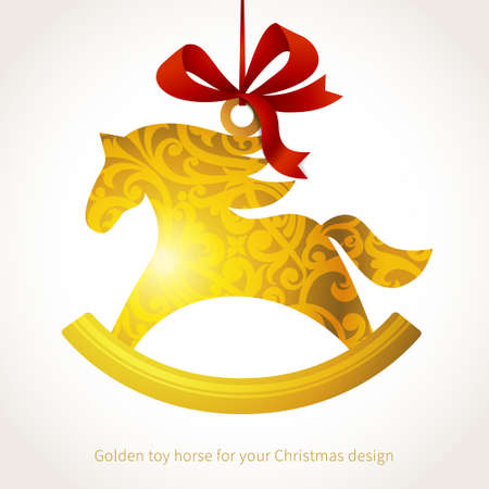 Golden Christmas toy with ribbons. Place for text. Horse, symbol of 2014. Element for Christmas design. It can be used for decorating of invitations, cards, labels, decoration for bags and clothes.のイラスト素材