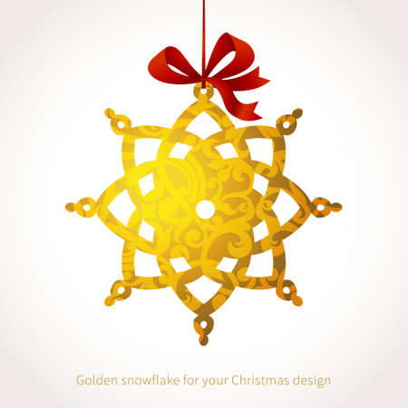 Golden snowflake with ribbons and place for text. Element for Christmas design. It can be used for decorating of invitations, greeting cards, labels, decoration for bags and clothes.のイラスト素材