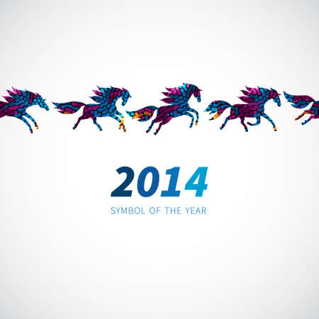 Symbol of 2014.Horses, decorated with abstract patterns. Vector element for design. Seamless border of running horses. It can be used for decoration of web page, invitations, cards, bags and clothes.のイラスト素材