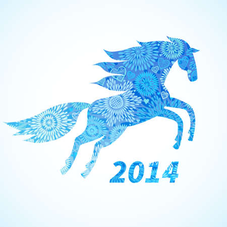 Symbol of 2014. Horse, decorated with blue flower patterns. Vector element for design. It can be used for decorating of invitations, greeting cards, web page, decoration for bags and clothes.のイラスト素材