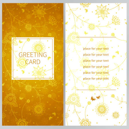Vintage ornate cards with flowers and butterflies. Golden Victorian floral decor. Template frame for greeting card and wedding invitation. Ornate vector border in east style. Place for your text.のイラスト素材