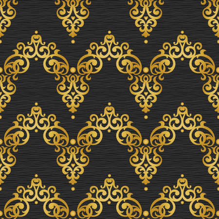 Vector seamless pattern in Victorian style. Golden element for design on dark ornamental backdrop. Brocade lace background. Ornate floral decor for wallpaper. Endless texture. Bright pattern fill.のイラスト素材