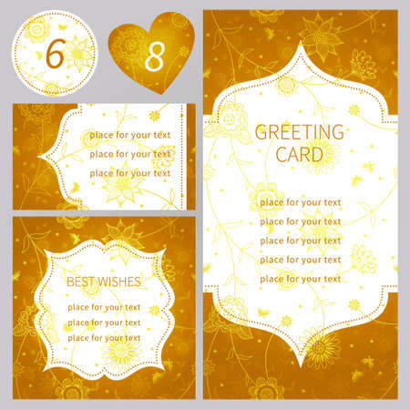 Vintage ornate cards with flowers and butterflies. Golden Victorian floral decor. Template frame for greeting card and wedding invitation. Ornate vector border in east style. Place for your text.のイラスト素材