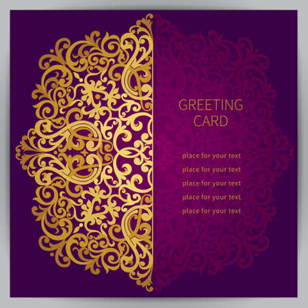 Vintage ornate cards in oriental style. Golden Eastern floral decor. Template frame for greeting card and wedding invitation. Ornate vector border and place for your text.のイラスト素材