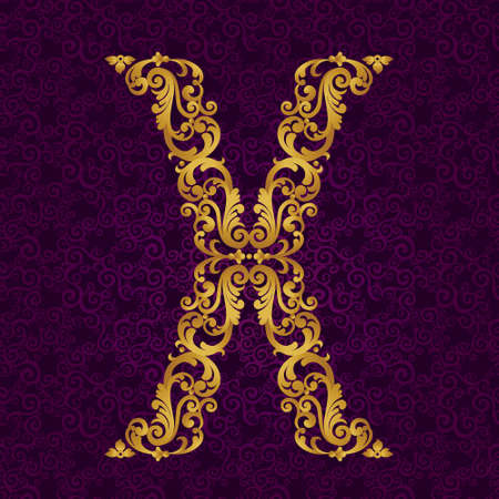 Gold font type letter X. Vector baroque element of golden alphabet made from curls and floral motifs. Victorian ABC element in vector.のイラスト素材