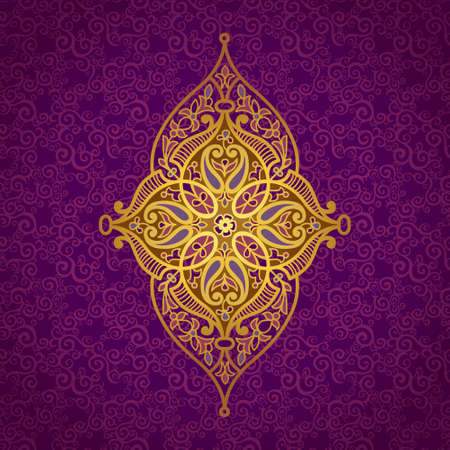 Vector pattern in Eastern style. Ornate element for design and place for text. Ornamental lace pattern for wedding invitations and greeting cards.Traditional golden decor on purple background.のイラスト素材