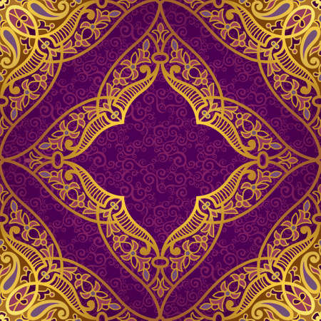 Vector frame in Eastern style. Ornate element for design and place for text. Ornamental lace pattern for wedding invitations and greeting cards.Traditional golden decor on purple background.のイラスト素材