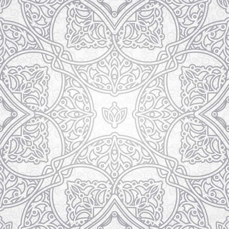Vector seamless pattern in Eastern style. Grey element for design. Ornamental backdrop and light lace background. Ornate floral decor for wallpaper. Endless texture. Monochrome pattern fill.のイラスト素材