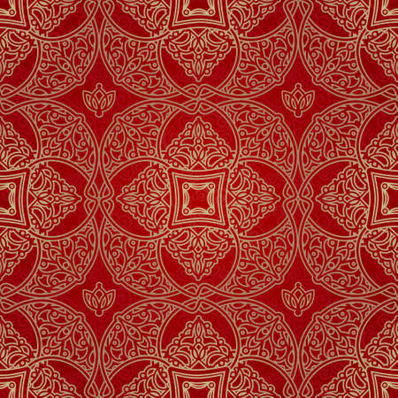 Vector seamless pattern in Eastern style. Element for design. Ornamental backdrop. Brocade lace background. Ornate floral decor for wallpaper. Traditional golden tracery on red pattern fill.のイラスト素材