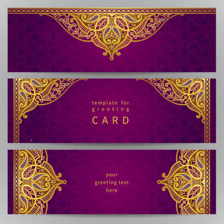Vintage ornate cards in oriental style. Golden Eastern floral decor. Template frame for greeting card and wedding invitation. Ornate vector border and place for your text.のイラスト素材