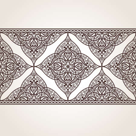 Vector seamless border in Eastern style. Ornate element for design and place for text. Ornamental contrast pattern for wedding invitations and greeting cards. Traditional monochrome decor.のイラスト素材