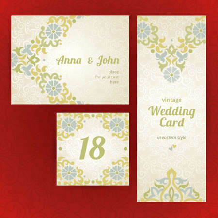 Vintage ornate cards in oriental style. Pastel Eastern floral decor. Template frame for greeting card and wedding invitation. Ornate vector border and place for your text.のイラスト素材