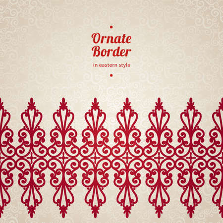Vector seamless border in Eastern style. Ornate element for design and place for text. Ornamental lace pattern for wedding invitations and greeting cards. Traditional red decor on light background.のイラスト素材