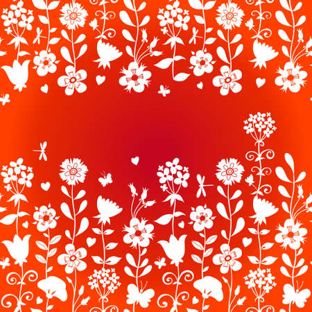 Seamless red pattern with silhouettes flowers, butterflies and dragonflies. Place for text. Bright summer background. Ornate floral pattern fill.のイラスト素材