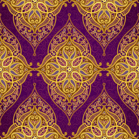 Vector seamless pattern in Eastern style. Golden element for design. Ornamental lace tracery on purple background. Ornate floral decor for wallpaper. Endless texture. Bright pattern fill.のイラスト素材