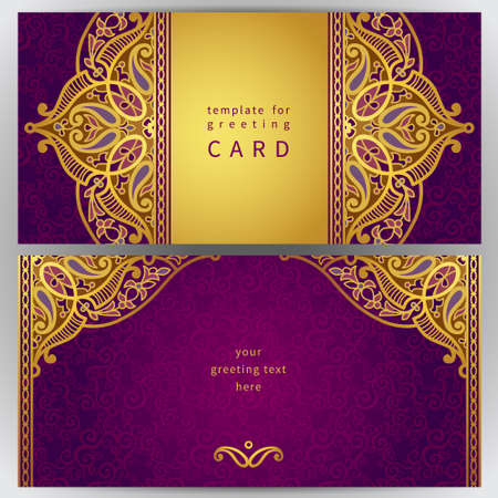Vintage ornate cards in oriental style. Golden Eastern floral decor. Template frame for greeting card and wedding invitation. Ornate vector border and place for your text.のイラスト素材