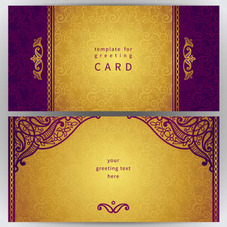 Vintage ornate cards in oriental style. Golden Eastern floral decor. Template frame for greeting card and wedding invitation. Ornate vector border and place for your text.のイラスト素材