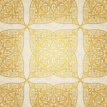 Vector seamless pattern in Eastern style. Golden element for design. Ornamental lace tracery on light background. Ornate floral decor for wallpaper. Endless texture. Bright pattern fill.のイラスト素材
