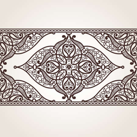 Vector seamless border in Eastern style. Ornate element for design and place for text. Ornamental contrast pattern for wedding invitations and greeting cards. Traditional monochrome decor.のイラスト素材
