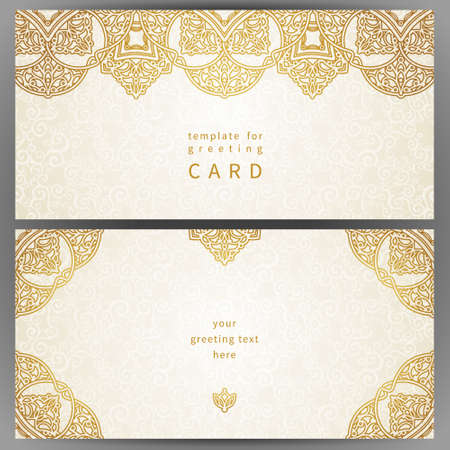 Vintage ornate cards in oriental style. Golden Eastern floral decor. Template frame for greeting card and wedding invitation. Ornate vector border and place for your text.のイラスト素材