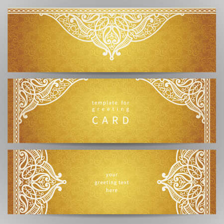 Vintage ornate cards in oriental style. Golden Eastern floral decor. Template frame for greeting card and wedding invitation. Ornate vector border and place for your text.のイラスト素材
