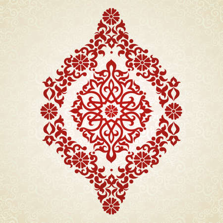 Vector pattern in Eastern style. Ornate element for design and place for text. Ornamental lace pattern for wedding invitations and greeting cards. Traditional red decor on light background.のイラスト素材