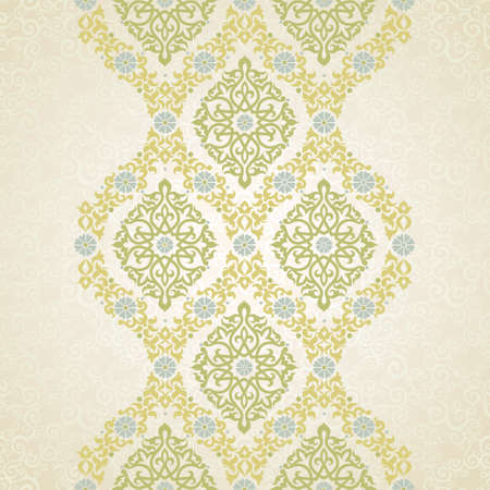 Vector seamless border in Eastern style. Ornate element for design and place for text. Ornamental lace pattern for wedding invitations and greeting cards. Traditional decor on light background.のイラスト素材