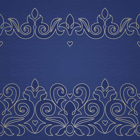Vector seamless border in Victorian style. Ornate element for design and place for text. Ornamental lace pattern for wedding invitations and greeting cards. Traditional golden decor.のイラスト素材
