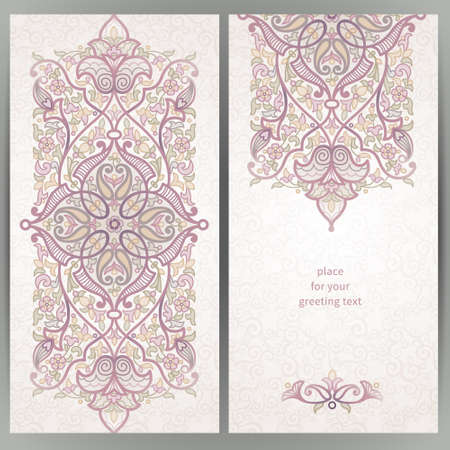 Vintage ornate cards in oriental style. Pastel Eastern floral decor. Template frame for greeting card and wedding invitation. Ornate vector border and place for your text.のイラスト素材