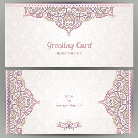 Vintage ornate cards in oriental style. Pastel Eastern floral decor. Template frame for greeting card and wedding invitation. Ornate vector border and place for your text.のイラスト素材