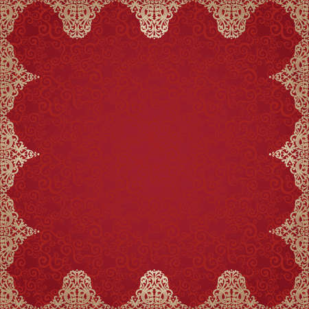 Vector ornate frame in Victorian style. Decorative element for design and place for text. Ornamental lace pattern for wedding invitations and greeting cards.Traditional gold decor on red background.のイラスト素材