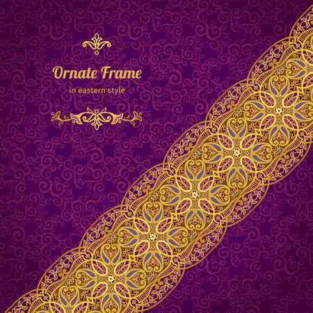 Vector diagonal border in Eastern style. Ornate element for design and place for text. Ornamental lace pattern for wedding invitations and greeting cards.Traditional golden decor on purple background.のイラスト素材