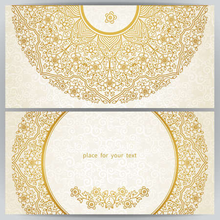 Vintage ornate cards in oriental style. Golden Eastern floral decor. Template frame for greeting card and wedding invitation. Ornate vector border and place for your text.のイラスト素材