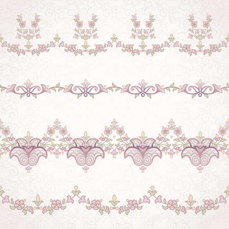Vector set of seamless borders in Eastern style. Ornate element for design and place for text. Ornamental lace pattern for wedding invitations and greeting cards. Traditional vintage pastel decor on light background.のイラスト素材