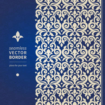 Decorative vector seamless border in Victorian style. Vintage element for design. Ornamental backdrop. Lace pattern fill. Ornate floral decor for wallpaper. Traditional decor on blue background.のイラスト素材